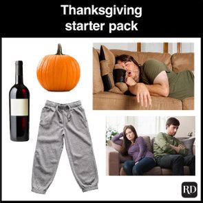 Pumpkin, wine bottle, sweatpants arranged beside man sleeping, couple arguing on a couch, labeled 