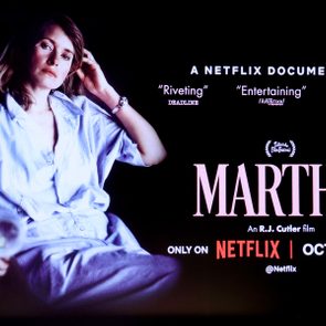 Woman lounges on chair, holding a drink. Text promotes Netflix documentary 