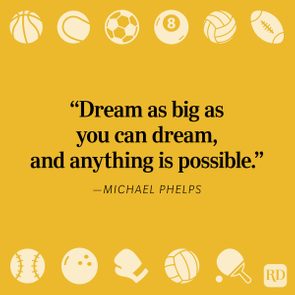Quote emphasizes dreaming big; sports icons like balls and equipment surround text on a yellow background.