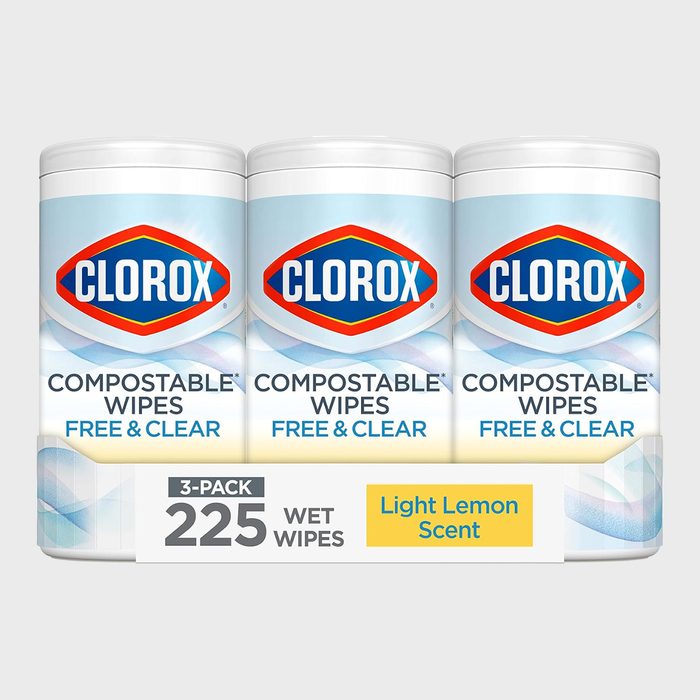 Three containers of Clorox compostable wipes labeled 