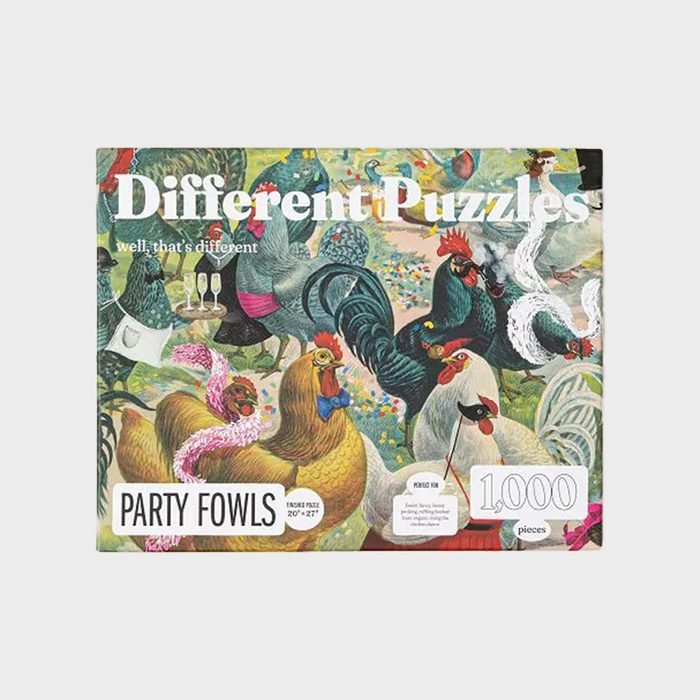 Chickens wear accessories and party in a vibrant field setting with text reading 