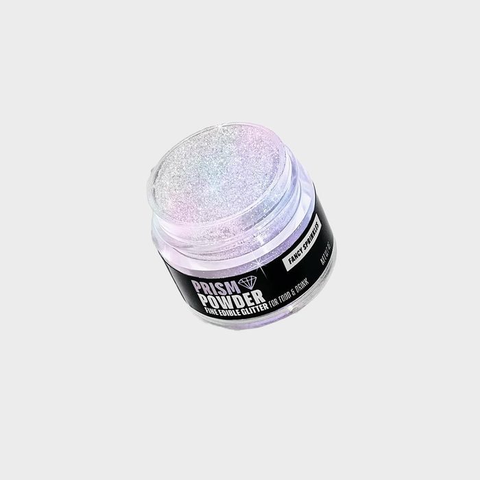 Jar holds iridescent edible glitter, labeled 