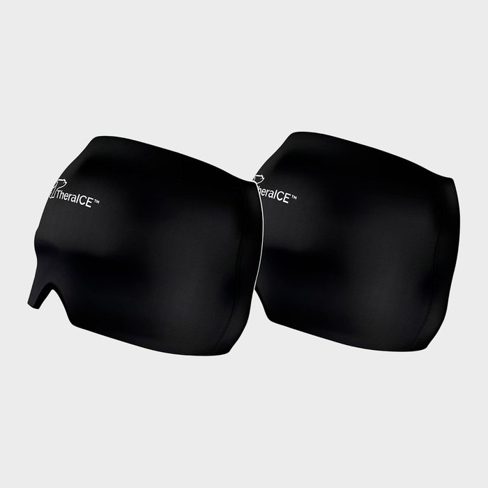 Black knee compression sleeves are positioned side by side against a plain background, featuring the white logo text 