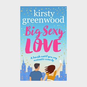 Book cover displays two people, one holding an envelope, in front of a city skyline under a sky with heart confetti.