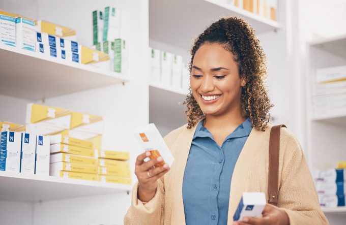 Pharmacy,,choice,or,happy,woman,reading,medicine,,pills,or,medication