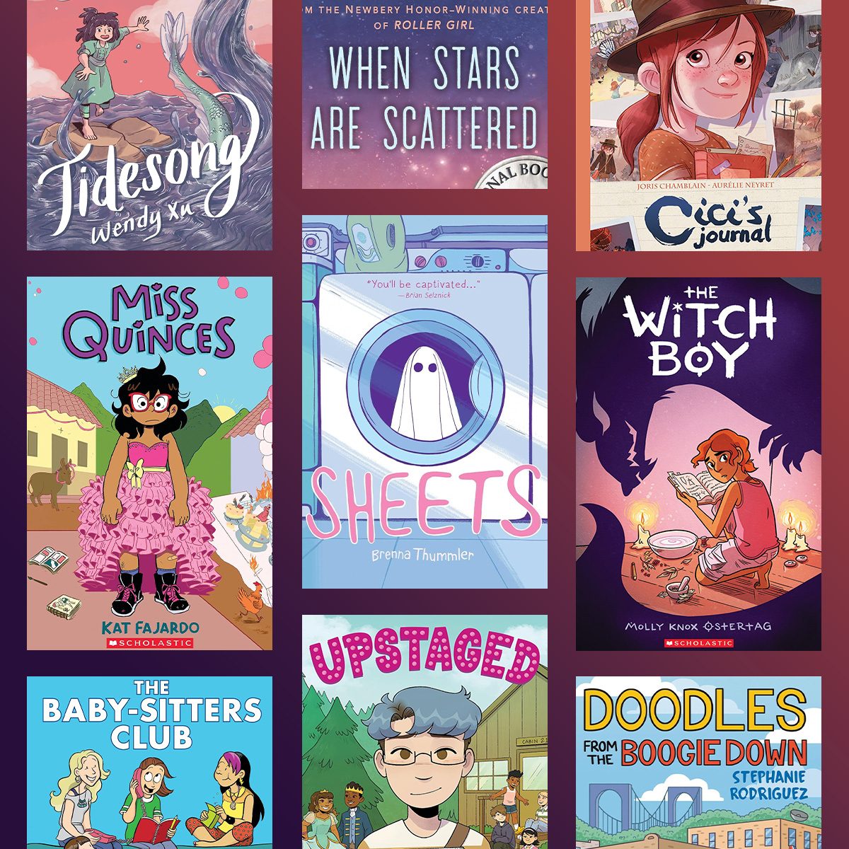 Nine colorful book covers displayed together, each featuring distinct illustrations and titles. The backgrounds are vibrant, enhancing the diverse themes of the books.