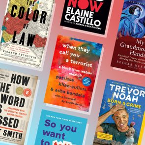 Books with distinct covers displayed in an overlapping layout; titles include 