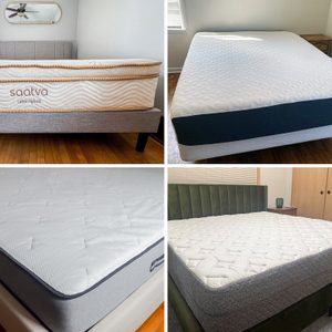 Mattresses displayed on beds, showcasing different fabric textures and patterns, within bedroom environments and featuring a 