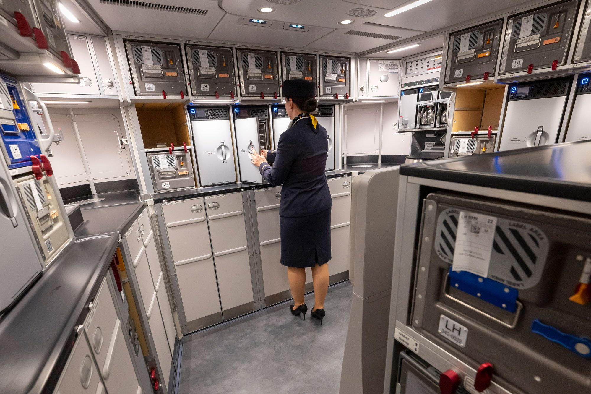A Lufthansa Cabin Crew Member Stands In The Galley Area Of An Airbus A350 900