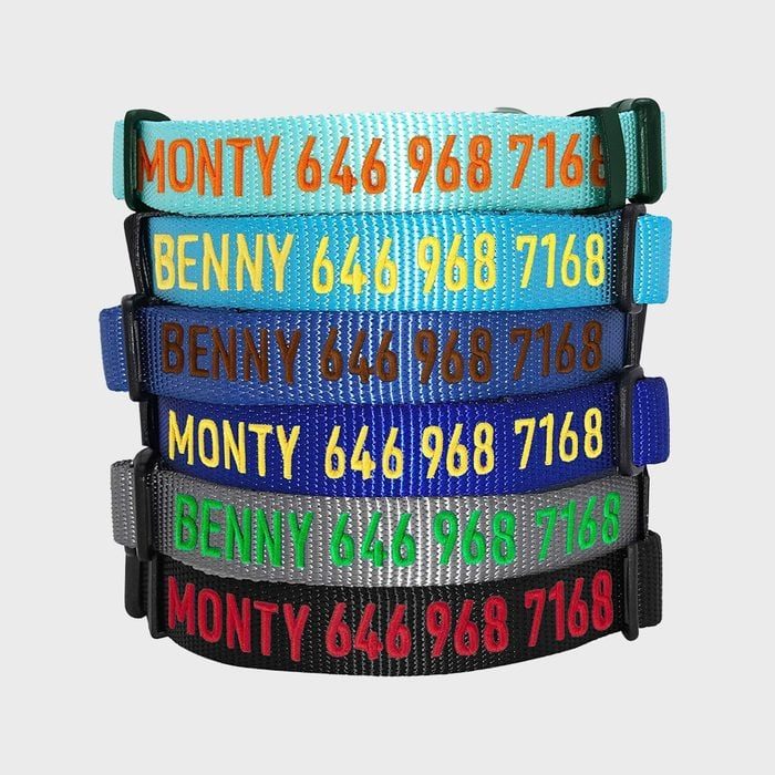 Dog collars stacked, each displaying names 