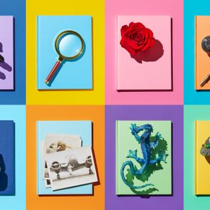 Eight books, each with an object on top: black hand, magnifying glass, rose, quill, Egyptian bust, photos, dragon, and UFO, on colorful backgrounds.