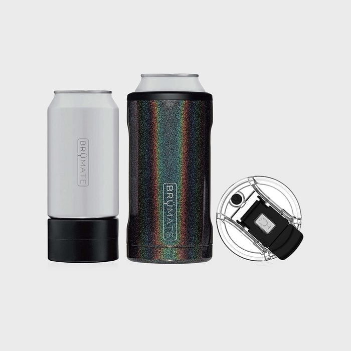 Two insulated drink holders stand side by side, one silver, one holographic, with detachable lids, on a plain background. 