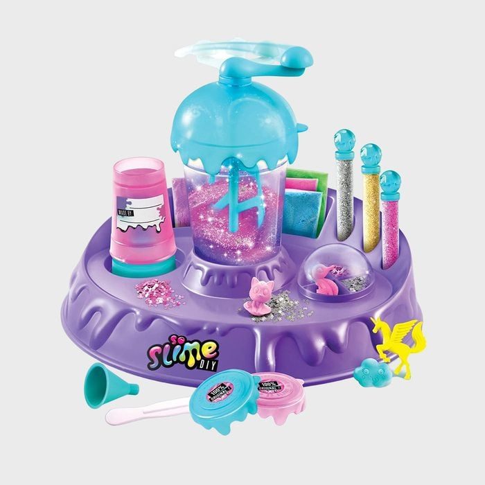 Slime-making kit with colorful tools, glitter, and accessories set on a purple base; 