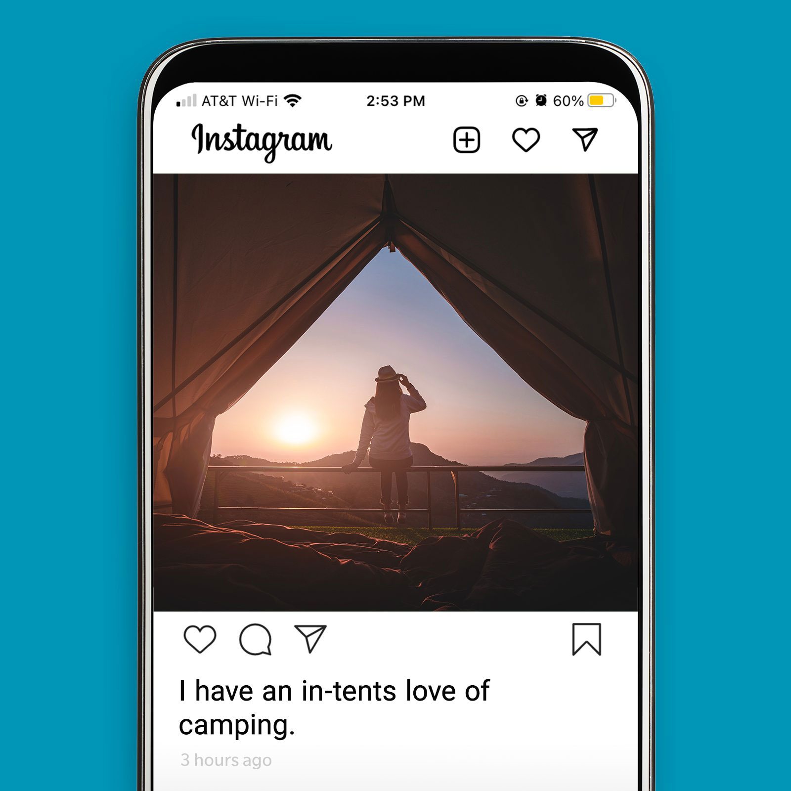 Clever Vacation Instagram Captions on a post showinf campaing tent and a woman at dawn