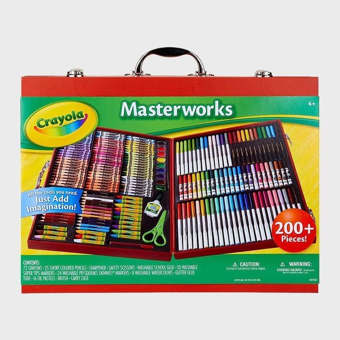 Art set showcasing various colorful drawing tools displayed in an open case; labeled 