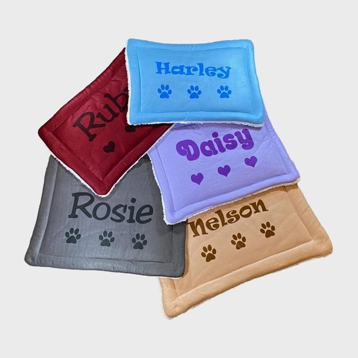 Colorful pet beds display names and pawprints; Ruby, Harley, Daisy, Rosie, and Nelson. They are stacked on a plain, light background.