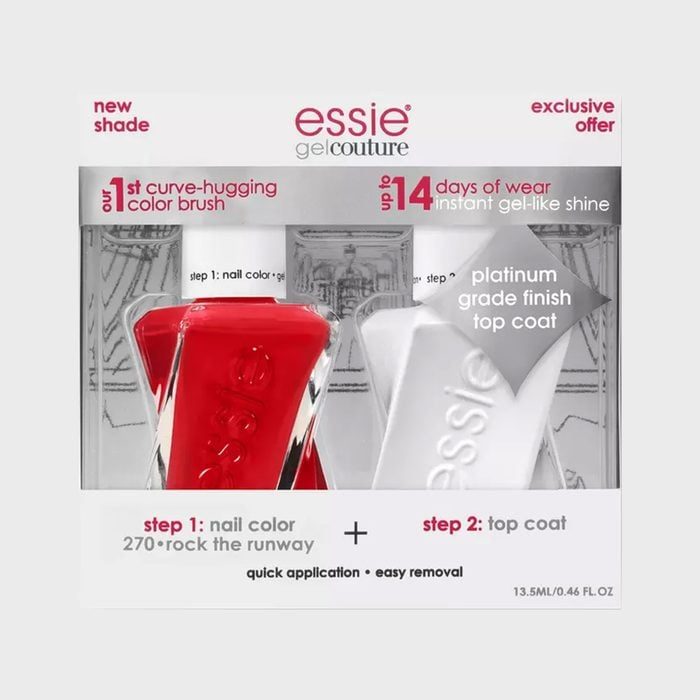Two nail polish bottles stand side by side in packaging with promotional text.
