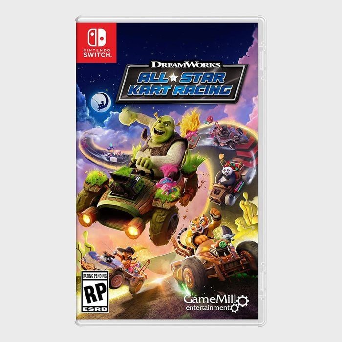 Characters race in colorful karts among clouds; vibrant DreamWorks animation on Nintendo Switch game cover titled 