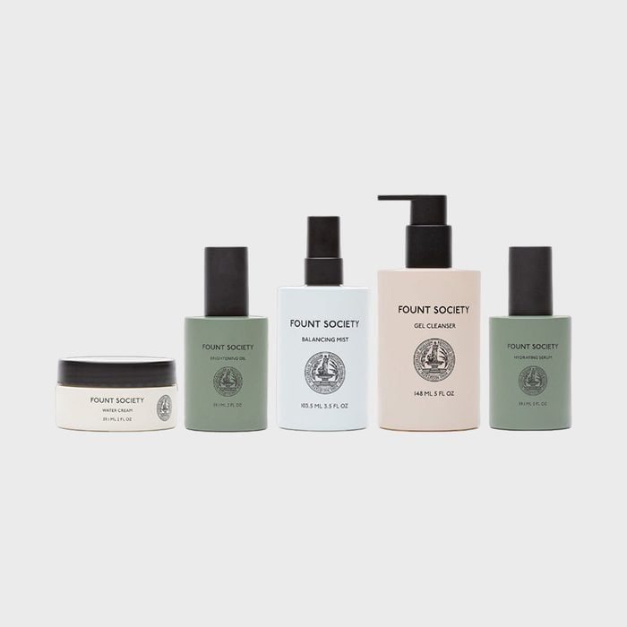 Skincare products, standing upright, displayed sequentially against a plain background. Labels read: 