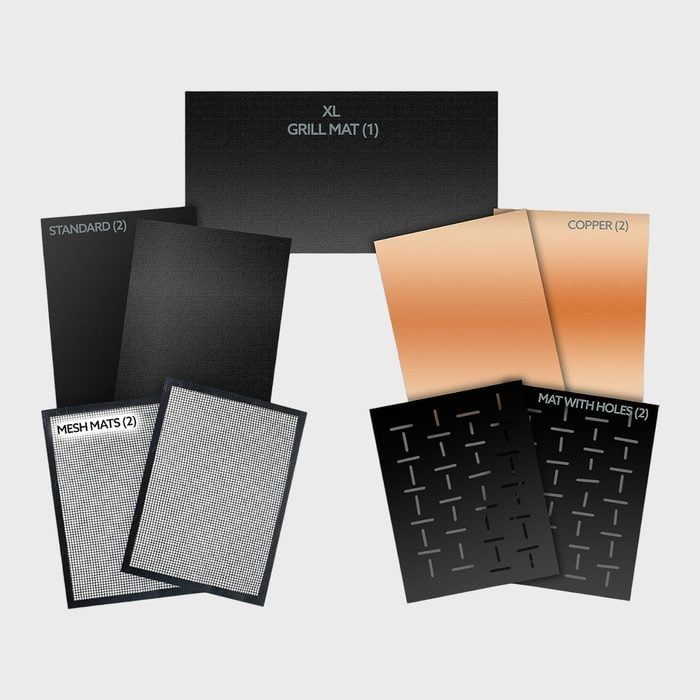 Various grill mats, including XL, standard, copper, mesh, and mats with holes, displayed against a plain background. Each type is labeled.