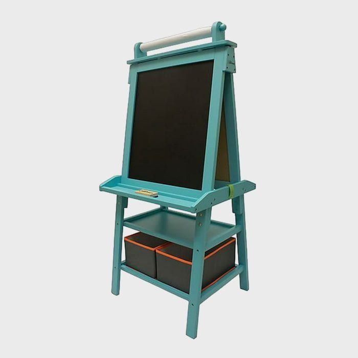Turquoise easel stands, displaying a blackboard and holding storage boxes, set on a plain white background.