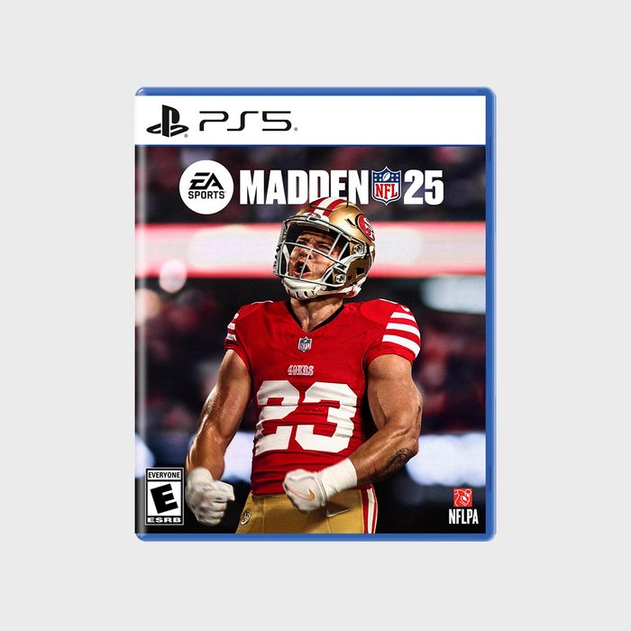 A football player celebrates on a PS5 game cover, titled 