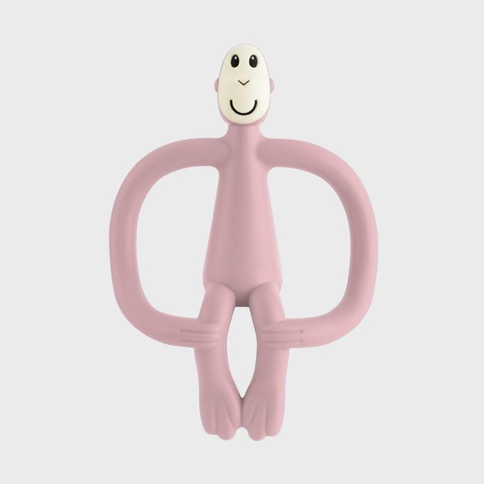 Pink monkey-shaped teething toy with elongated arms; smiling face; white background.