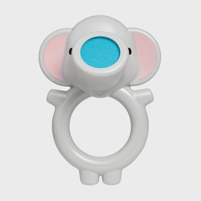 Elephant-shaped ring toy features a blue mesh screen on its head, with pink ears, designed for play; placed on a light background.