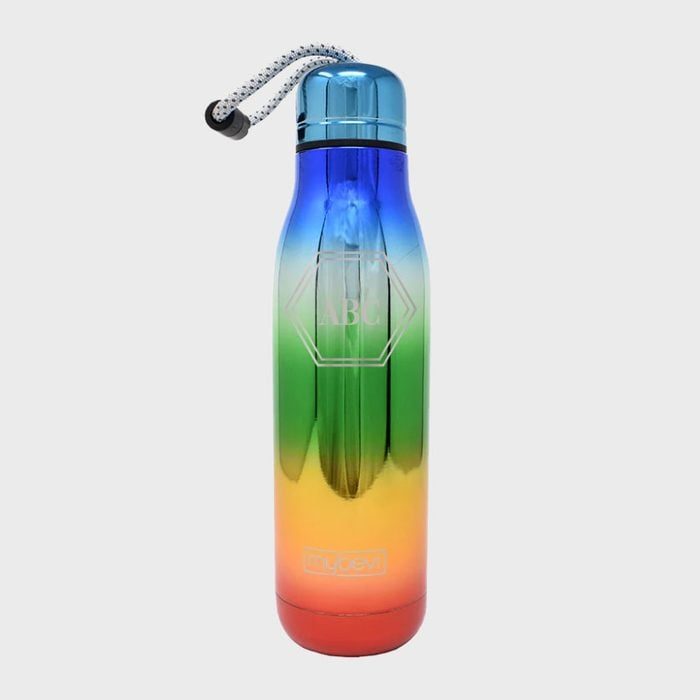 Metallic water bottle showcasing a colorful gradient finish, blue to red, in a plain background. Features text: 