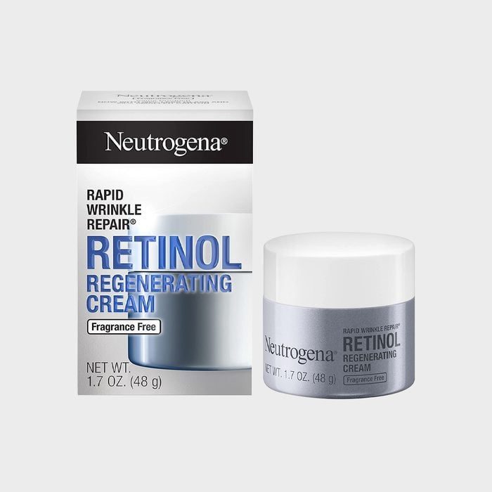 A jar of Neutrogena Retinol Regenerating Cream sits beside its box. The cream is fragrance-free and for rapid wrinkle repair.