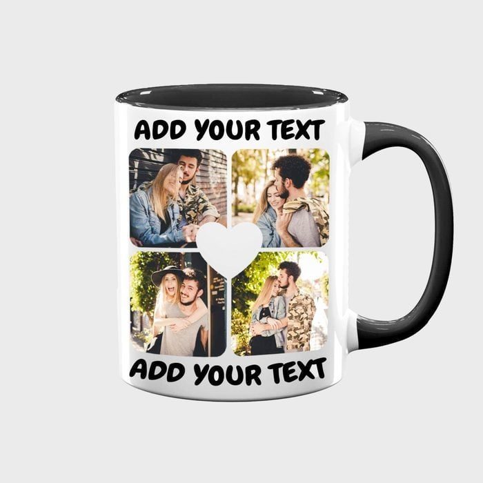 Mug displays four photos of a couple in outdoor settings, surrounded by customizable text areas reading 