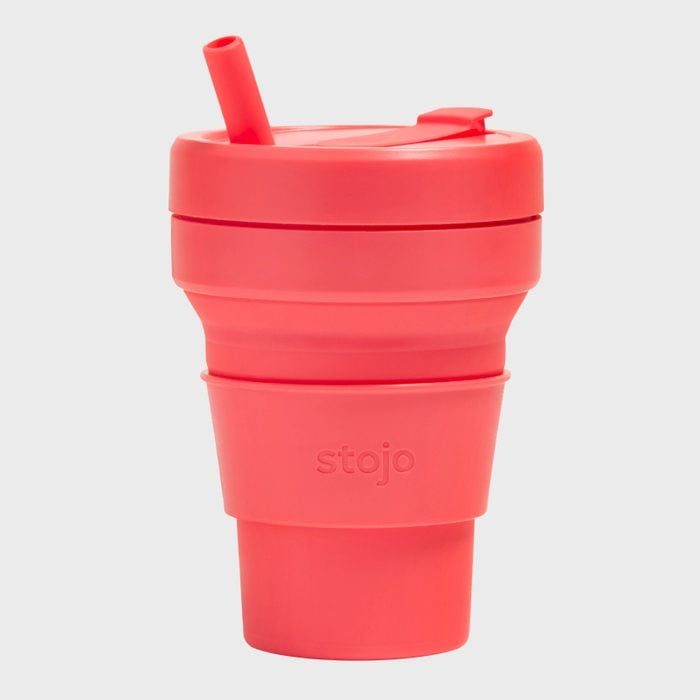 Red collapsible cup with lid and straw, labeled 