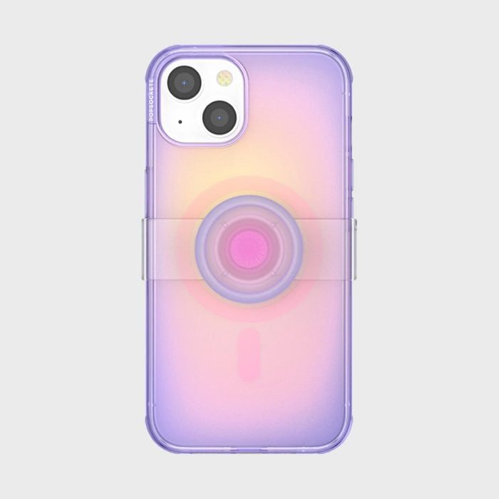 Phone case displays a gradient of purple to pink, featuring a central round grip. Text reads 