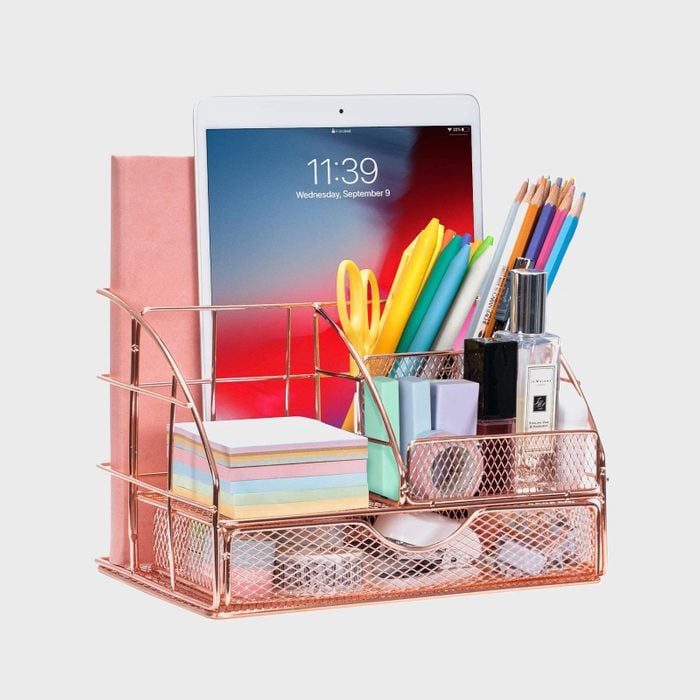 Organizer holds tablet, pens, pencils, and stationery in a rose gold wire caddy on a desk. Tablet displays time: 11:39, Wednesday, September 9.