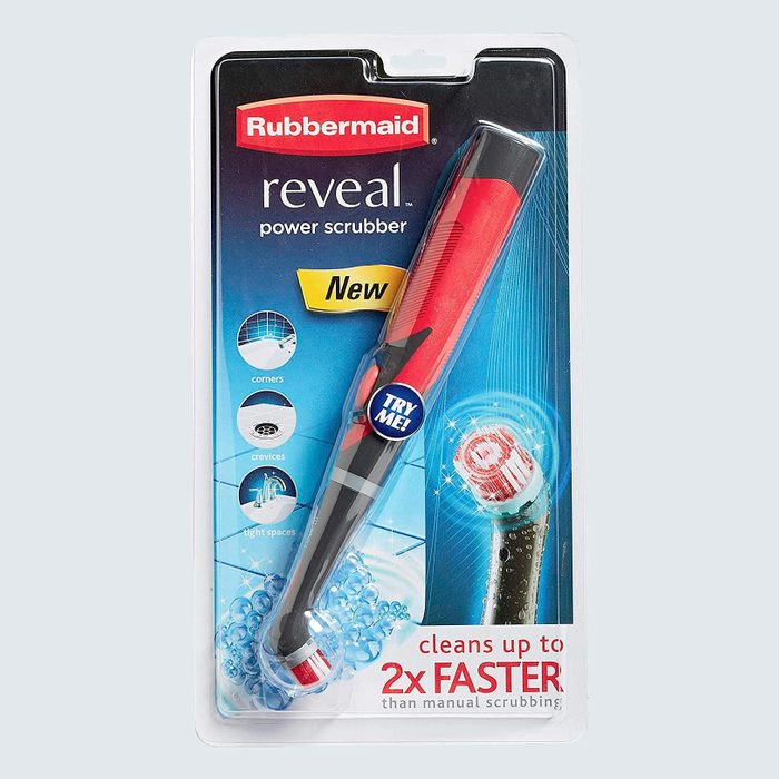 Scrubber tool displayed in packaging, highlighting efficient cleaning features for corners, crevices, and tight spaces. Text: 