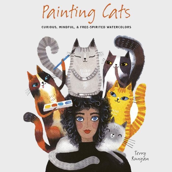 Cats surrounding a person, holding paintbrushes and palettes, in an artistic setting. Text: 