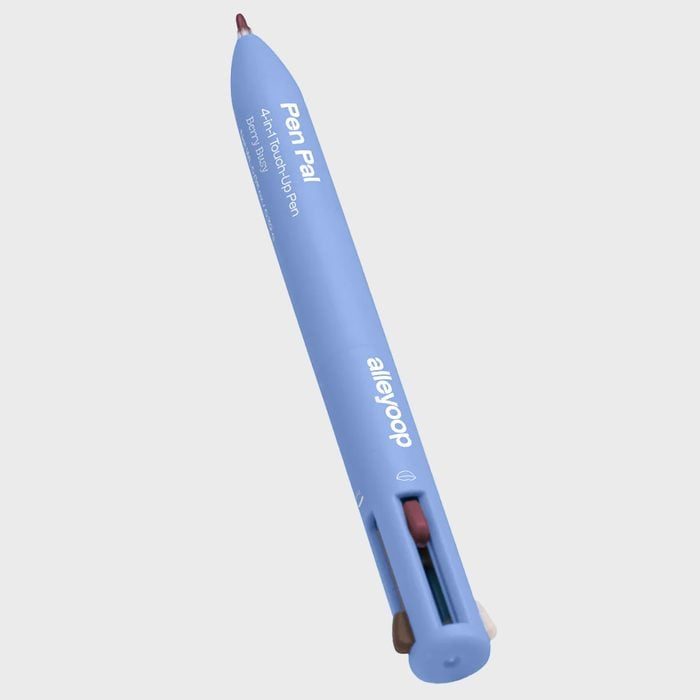 Blue pen features multiple retractable tips, labeled 