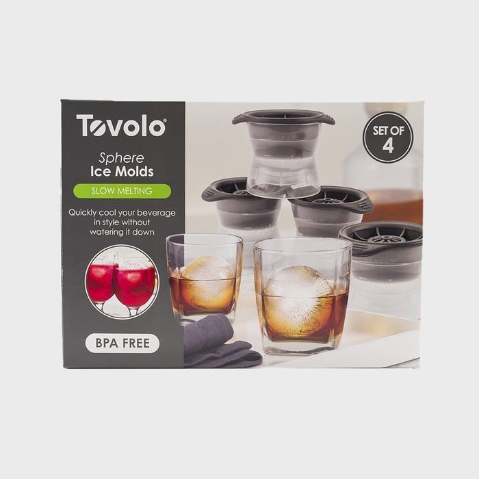 Sphere ice molds shown with ice balls forming in glasses; packaging emphasizes BPA-free, slow-melting qualities.