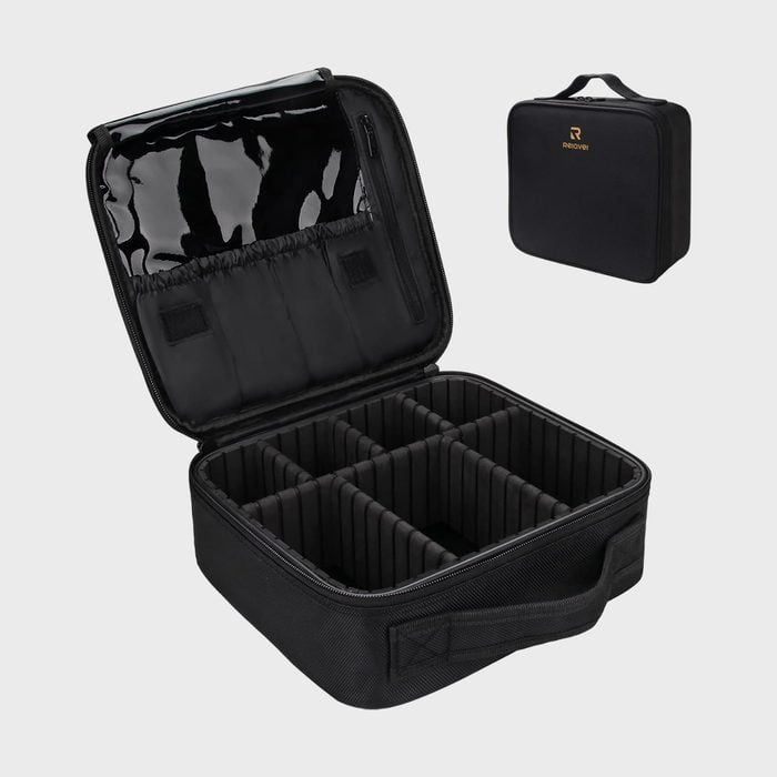 Black storage case opens to reveal adjustable compartments and accessory pockets; smaller, closed version is shown above on a plain background.