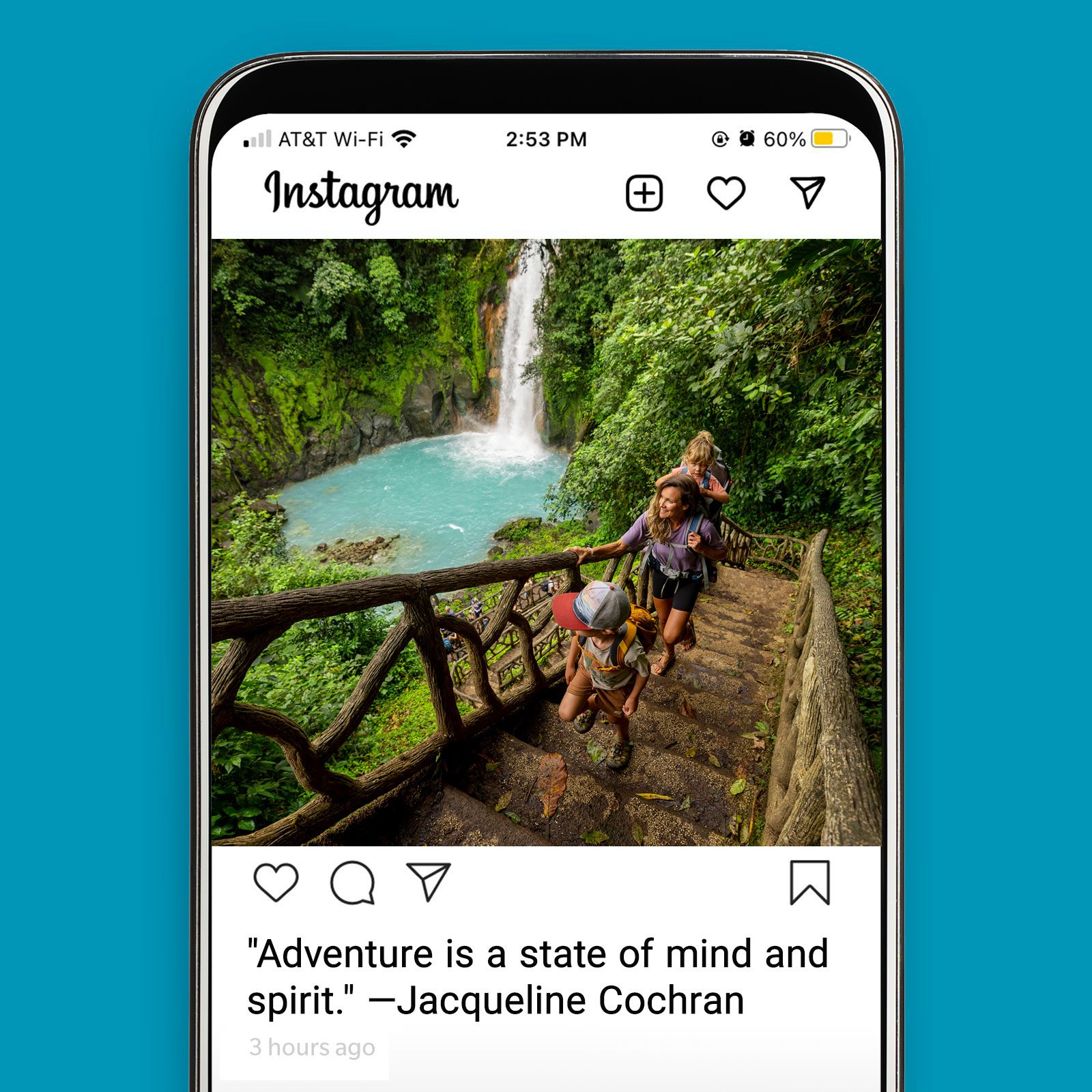 An instagram post showing adventurous travel by family around waterfall and greenery with a travel quote caption