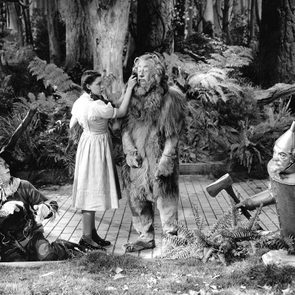 Characters interact in forest; a girl adjusts a lion-costumed person, a scarecrow sits nearby, and a tin man kneels with an axe.