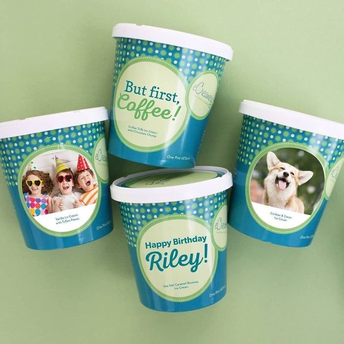 Ice cream pints display playful titles, including 