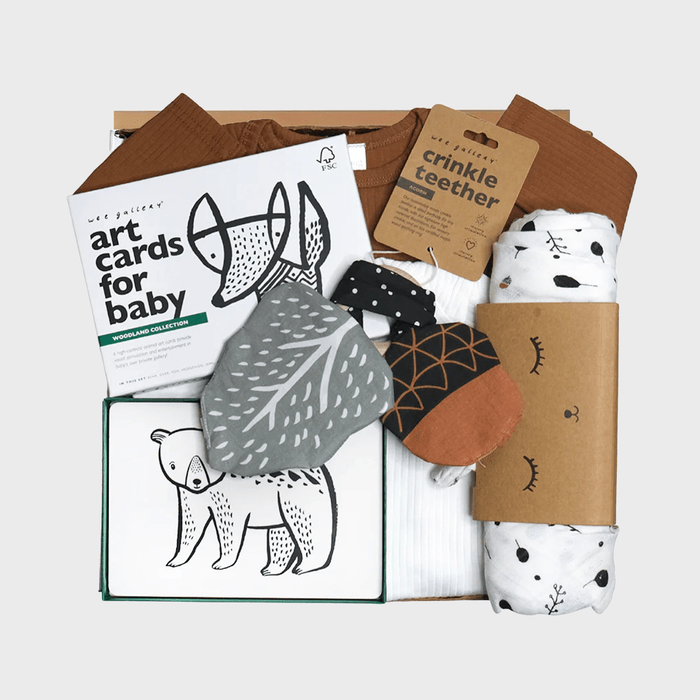 Baby gift set includes art cards, a crinkle teether, and patterned fabrics, arranged neatly against a plain background.