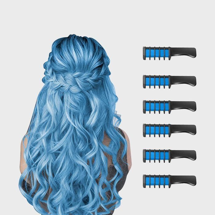 Wavy blue hair cascades down, showcasing a braid, alongside six black-handled blue comb attachments on a plain background.