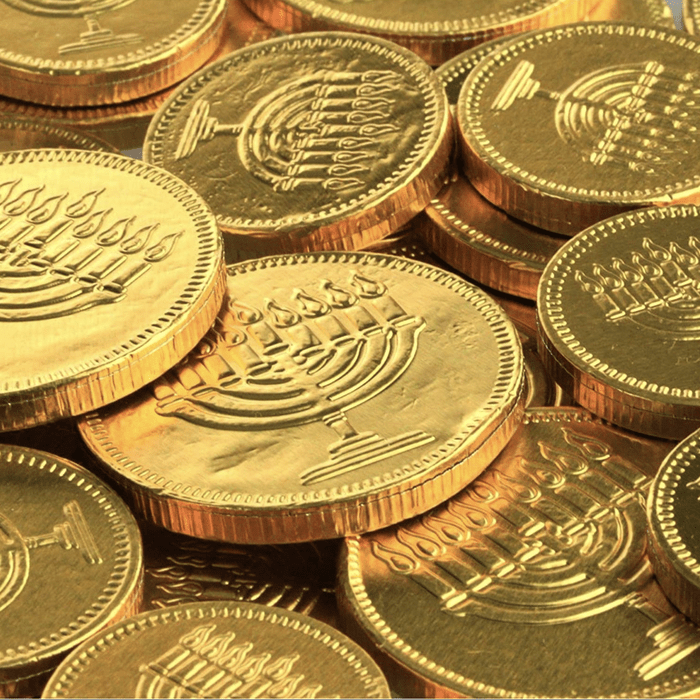Gold coins display embossed menorahs, scattered loosely.