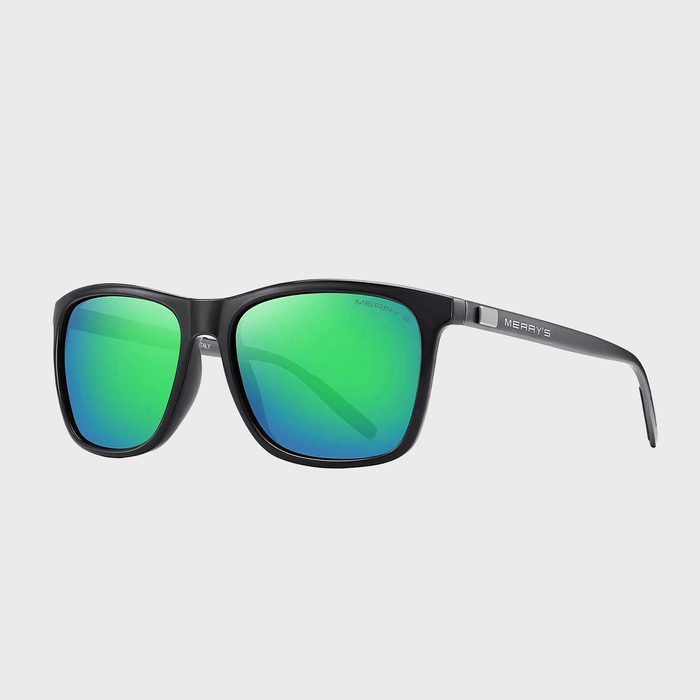 Sunglasses display with a sleek black frame and reflective green lenses, shown against a plain gray background. Branding 