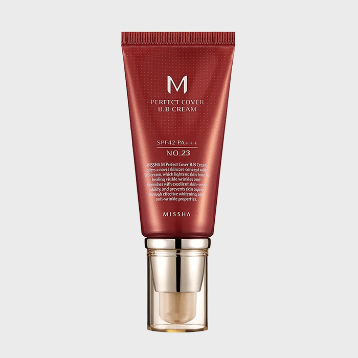 Red BB cream tube displays text describing SPF42, PA+++, and shade No. 23; branded as Missha Perfect Cover within white backdrop.