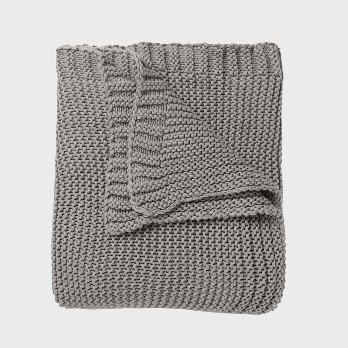 A folded gray knitted blanket lies flat against a plain white background.