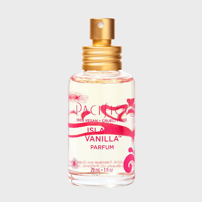 Perfume bottle with a gold spray top, labeled 