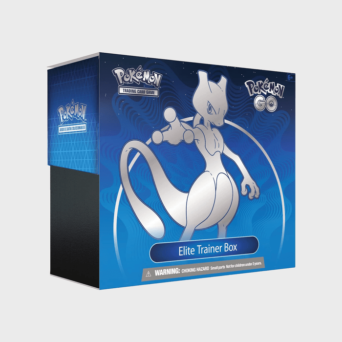 Box displays Mewtwo poised dynamically, surrounded by blue geometric designs; text includes 